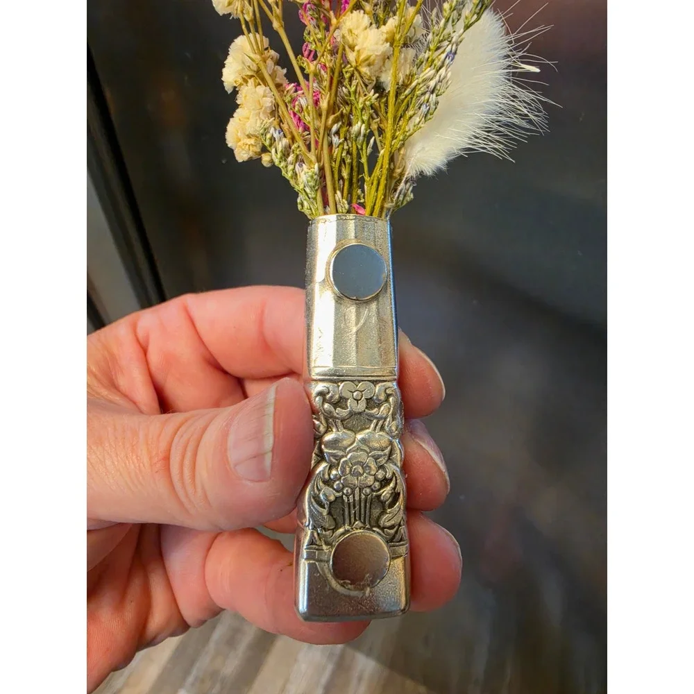 VTG Silver Plate Magnetic Bud Vase with Dried Flowers Floral Refrigerator Art